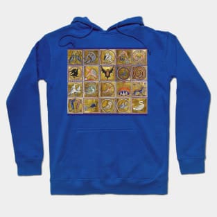 MEDIEVAL BESTIARY, FANTASTIC ANIMALS IN GOLD RED BLUE COLORS Hoodie